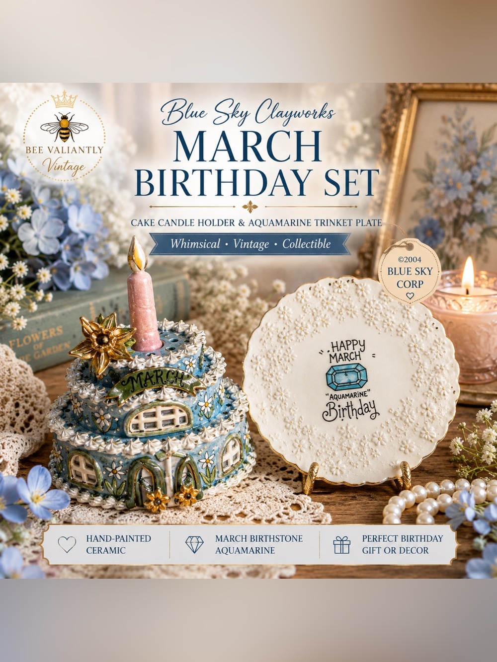Blue Sky Clayworks March Birthday Cake Candle Holder 2004 Aquamarine Set